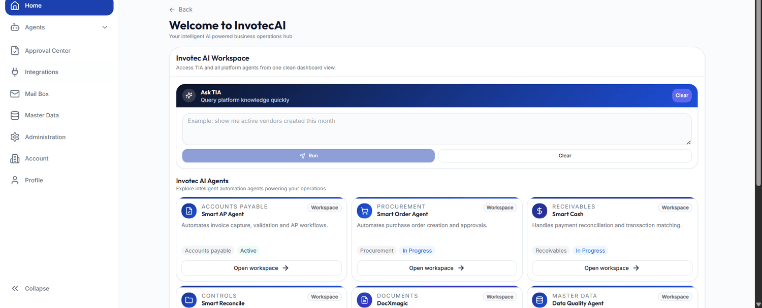 InvotecAI workspace, agent dashboard